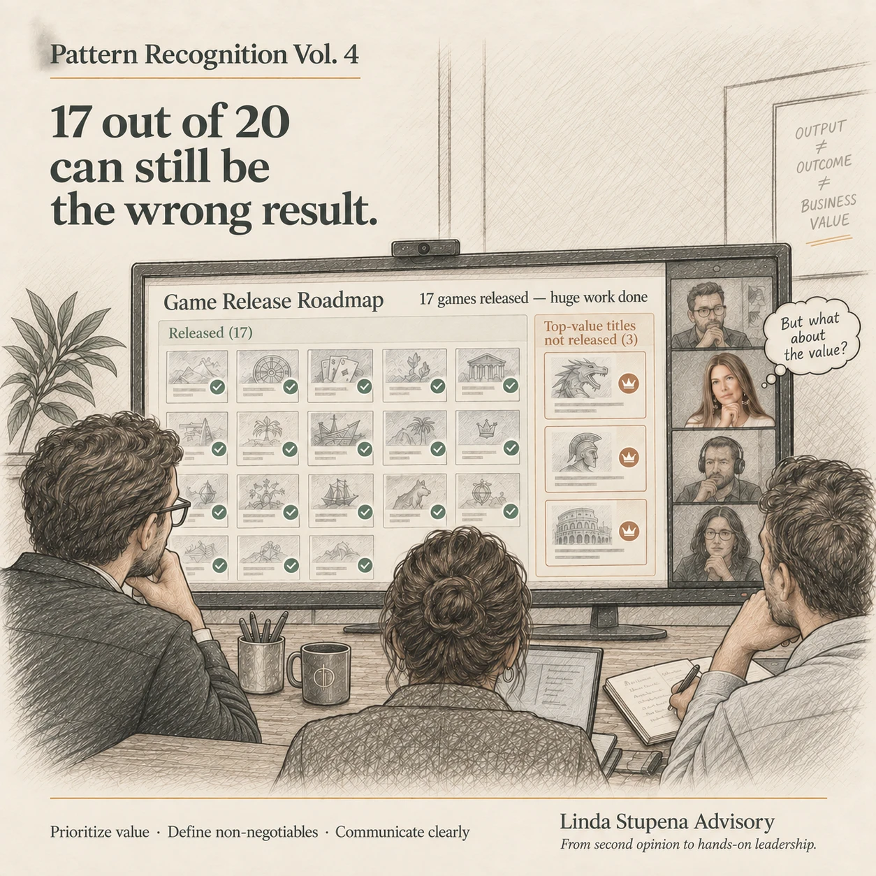 Pattern Recognition Vol. 4 illustration: a team reviewing a game release roadmap on a video call, seventeen titles released and checked off, three higher-value titles flagged as not released